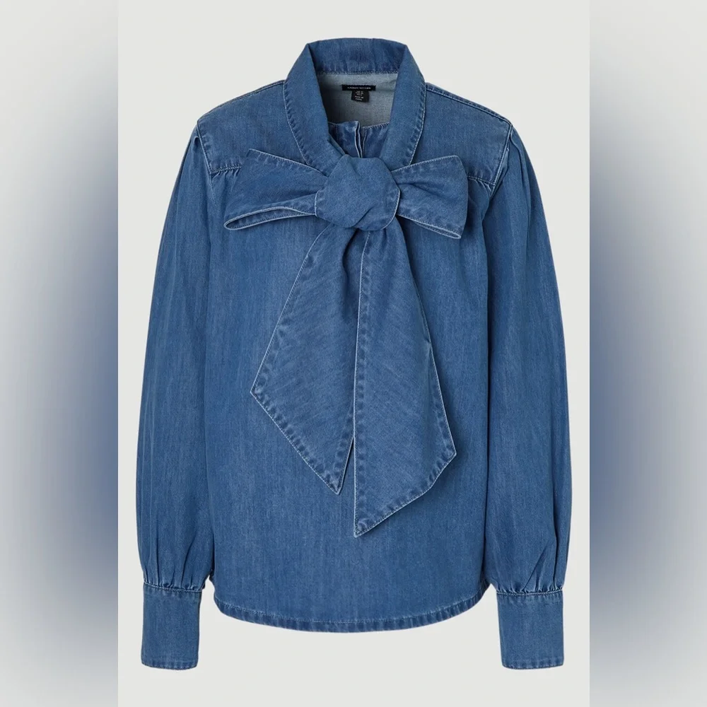 NWT KAREN MILLEN Denim Pussybow Blouse - Picture 4 of 9